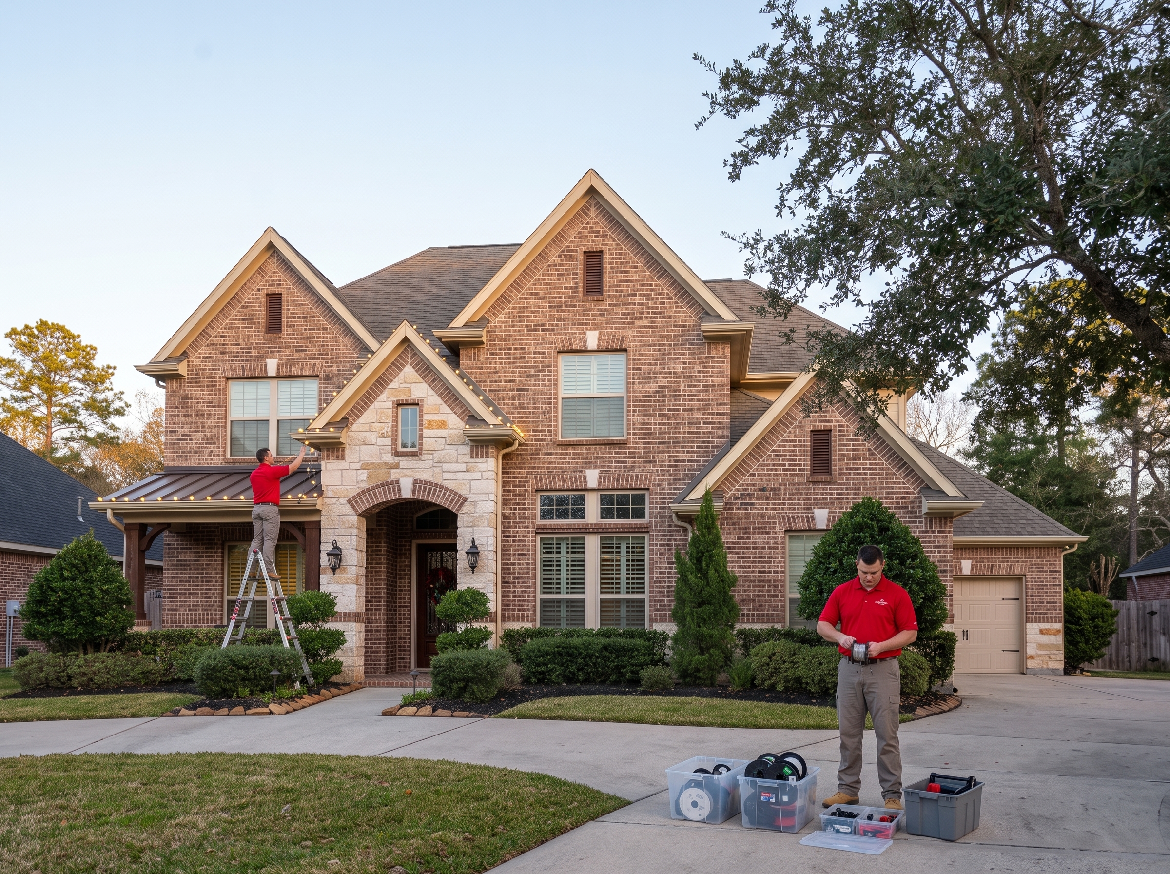 Illustration of two technicians in red shirts installing Christmas lights on a brick home.