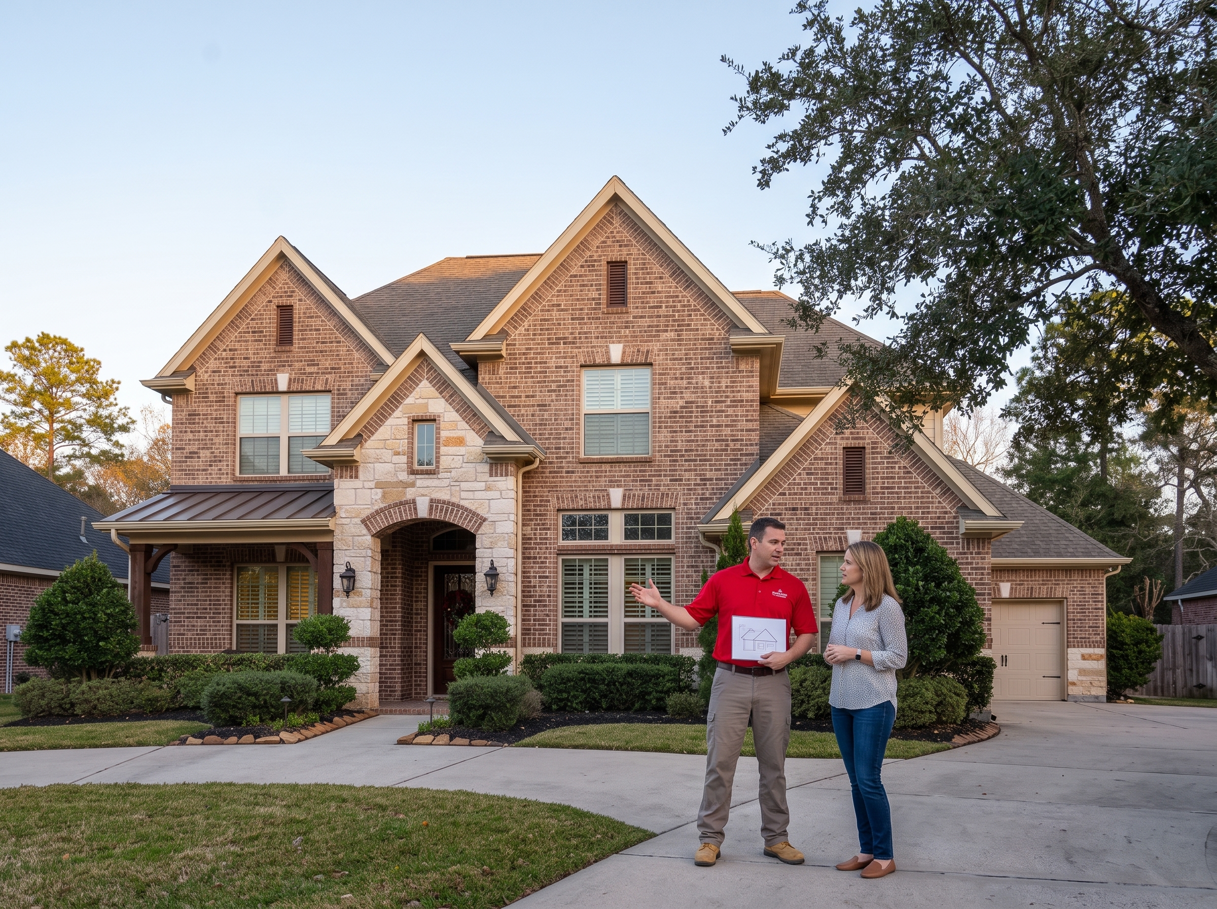 Illustration of a lighting technician discussing a custom Christmas light design with a homeowner.